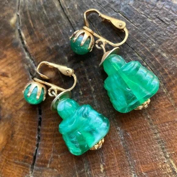 Vintage Hong Kong Signed Buddha Earrings Clip-On Dangles - Picture 5 of 10